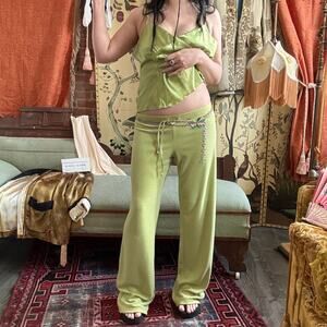 BCBG Y2K Apple Green Terry Cloth Flares Rhinestone Logo McBling Sweatpants